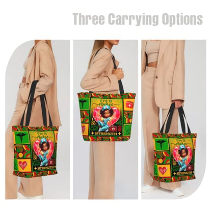 Tote Bag For Women, Tote Bag With Zipper Large Shoulder Bag For Women Travel, Work, Office, College, Nursing - color: African American Nurse