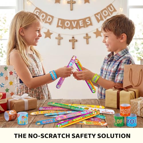 POPLAY 48 PCS Christian Slap Bracelets Bulk, Bible Verses Snap Wristbands - size: 8.6 inches