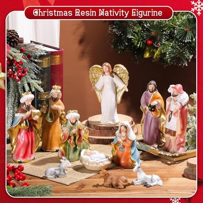 Cinnvoice 11 Pcs Christmas Nativity Gift Set Resin Nativity Scene Figurine Set 7 Holy Family Statue for Indoor Decoration Jesus Manger Sculpted Religious Gift for Xmas Family Home Tabletop