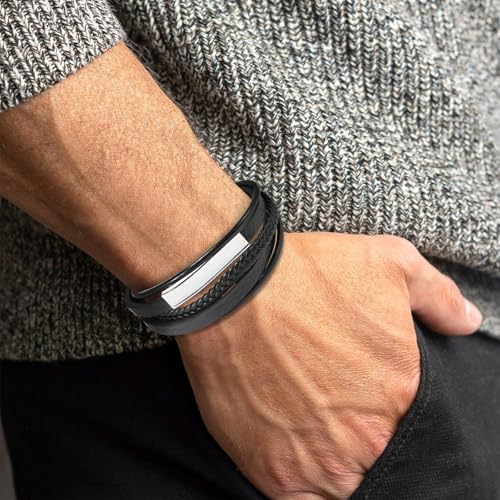 Leather Bracelet for Men Braided Stainless Steel Mens Bracelets - color: Silver