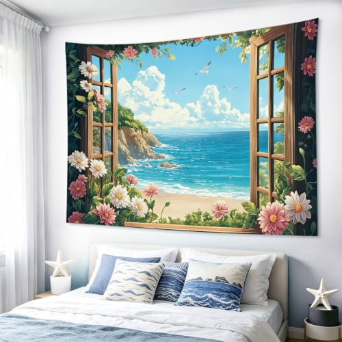 EOBTAIN Coastal Beach Tapestry Ocean Nature Seascape outside Window Floral Tapestry Wall Hanging Summer Blue Sky and White Cloud Wall Art for Bedroom Living Room Dorm Room Decor,59x51 Inch - color: Blue Green, size: 51"L x 59"W