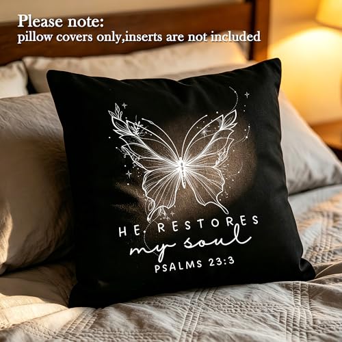 Christian Psalms 23:3 Pillow Cover 18x18, Black Linen-Textured Fabric, He Restores My Soul Bible Verse Butterfly Design, Religious Present for Christian Believers & Faithful Friends - color: Black-03