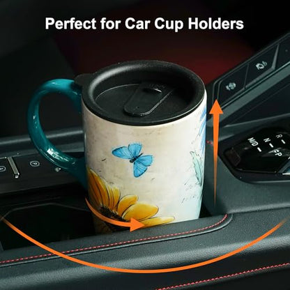 Topadorn 17oz Ceramic Travel Mug with Lid, Blue Floral Coffee Mug - color: Daisy
