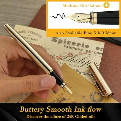 BEILUNER Gold Fountain Pen,Stunning Luxury Pens with 24K Gold Finish, Gorgeous 24K Gilded Nib(Medium), Fancy Pen Gift Set for Men&Women -Ink Converter-Elegant,Office,Nice Pen for Writing - color: Gold, style: Medium Nib
