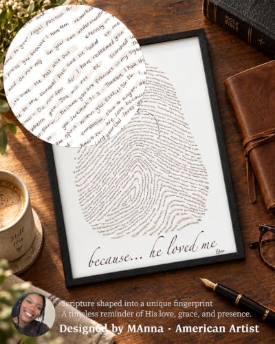 iHery 16x20in Because He Loved Me Fingerprint Bible Verse Framed Wall Art - color: Beige Frame Black Art, size: 20"L x 16"W