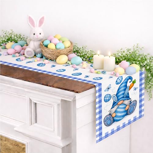 HOMETITUTE Blue Easter Gnome Table Runner Bunny Decor 13x72 Inch Burlap