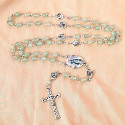Nazareth Store Natural Stone Beads with Miraculous Epoxy Heart Metal Beads Rosary Necklace Gemstone Christian Gifts - color: Green Aventurine