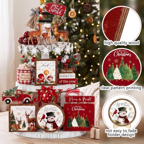 Vercraft Christmas Tiered Tray Decor Xmas Wooden Table Decor, Farmhouse - style: Farmhouse Christmas