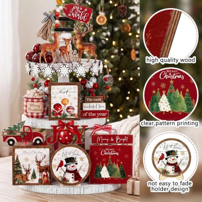 Vercraft Christmas Tiered Tray Decor Xmas Wooden Table Decor, Farmhouse - style: Farmhouse Christmas