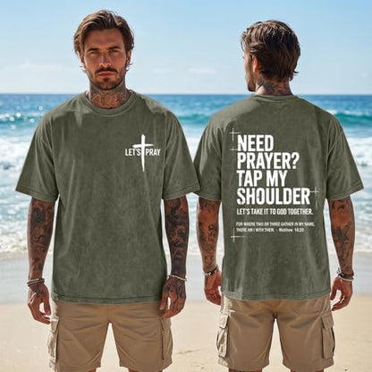 BINTEHGS Mens Christian T Shirts Need Prayer Tap My Shoulder Shirt Jesus Faith Oversized Graphic Tees God Acid Wash Tshirt - color: Army Green, size: Small