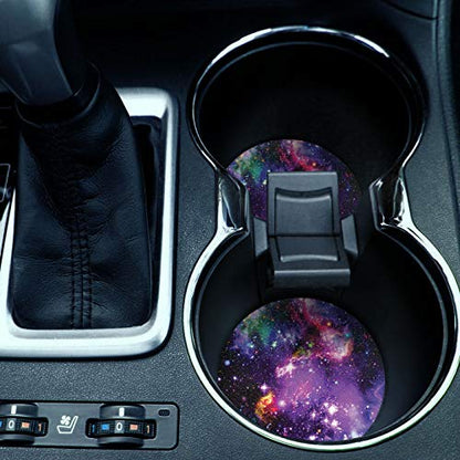 , Purple Marvel Nebula Galaxy Design Absorbent ROUND Fabric Felt Neoprene Car Coasters for Drinks, 2pcs Set - color: Purple Marvel Nebula Galaxy