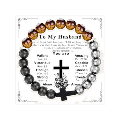 Gifts for Men Bracelets Triple Protection Cross Bracelet 8mm Black Obsidian Hematite Tiger Eye Beaded Natural Stone Bracelets Birthday Jewelry Gifts Cross Christian Gift for Him Husband Son - color: To My Husband,Triple Style
