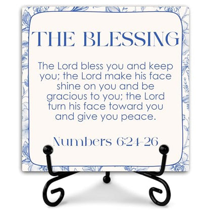 The Blessing Wooden Sign Decor, Numbers 6:24-26 Scripture Plaque, Rustic Wooden Plaque Sign With Iron Stand, Farmhouse Home Office Restroom Desk Shelf Decorations - style: Christian-C