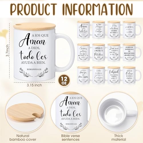 Didaey 12 Sets Christian Gifts Bulk Religious Coffee Mugs 12oz Bible Verses White Ceramic Cup with Lid Handle Spoon Inspirational Mug Church Gift for Men Coworker Employee Staff(Spanish) - style: Spanish