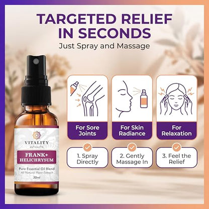 Vitality Extracts Frank+ Helichrysum Essential Oil Blend - 30ml Spray Bottle, Frankincense Boswellia Seratta, Aromatherapy, Soft Skin, Relief from Daily Aches & Soreness, Natural - size: 1.01 Fl Oz (Pack of 1)