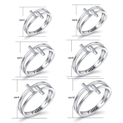 FLYOW Inspirational Jewelry Sterling Silver Engraved Faith Double Cross Ring Christian Fashion Band Ring for Women Mother, Size 5-10