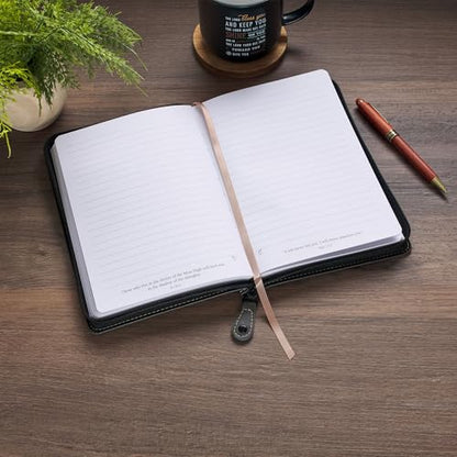 Christian Art Gifts Inspirational Zippered Journal, I Know the Plans Wide Ruled Notebook, Jer. 29:11 Bible Verse, Black Vegan Leather, 336 Lined Pages w/scripture, (9” x 6.4” x .9”)