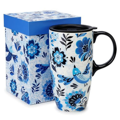 Topadorn 17oz Ceramic Travel Mug with Lid, Blue Bird Floral Mug with Handle - color: Flower&Bird