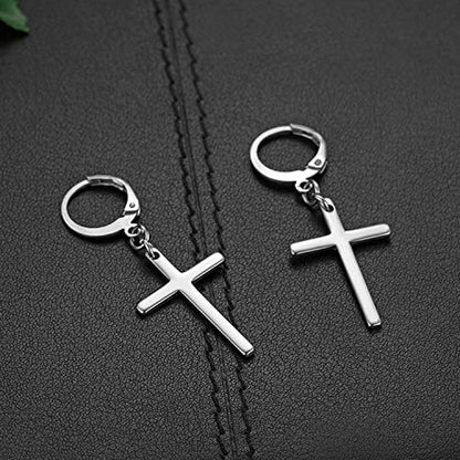 Dangle Stud Earrings,Flongo Men's Womens Stainless Steel Pearl Cross Dangle Hinged Stud Earrings,Piercing Christmas Cross Huggie Hoop Earrings Gift for Men Women Wedding Valentine's Day