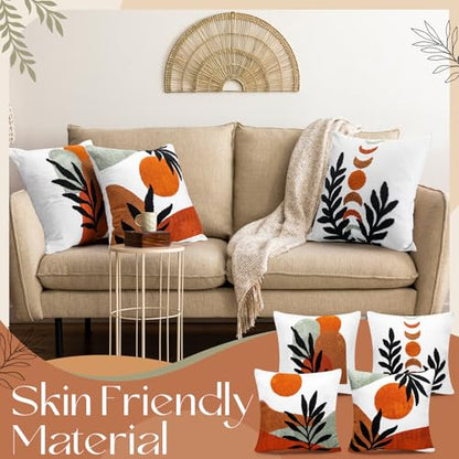 Mixweer 4 Pcs Boho Pillow Covers Set, 18 x 18 Inch Embroidered Pillow Cases, Sunset Leaf Mountain Boho Style Square Throw Cushion Cover for Couch Sofa Bed Bohemian Home Decor - style: Bohemian