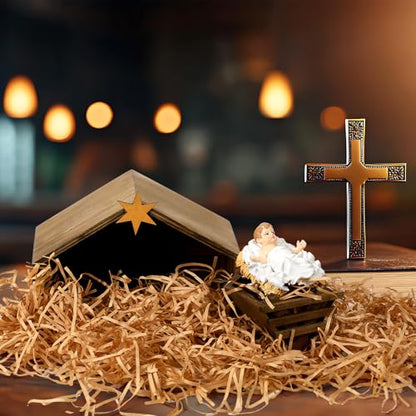 Threehoney Wooden Jesus Manger Scenes Christmas Nativity Stable with Raphia Grass Christmas Decoration Mini Manger Holy Family Nativity Scene Xmas Home Table Desk Decor