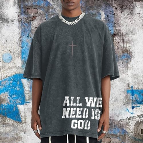 Wrenpies Christian Shirts for Men Inspirational God Faith Jesus Tshirts Oversized Vintage Cross Graphic Tees Acid Wash Tops - color: Denim Blue, size: Small