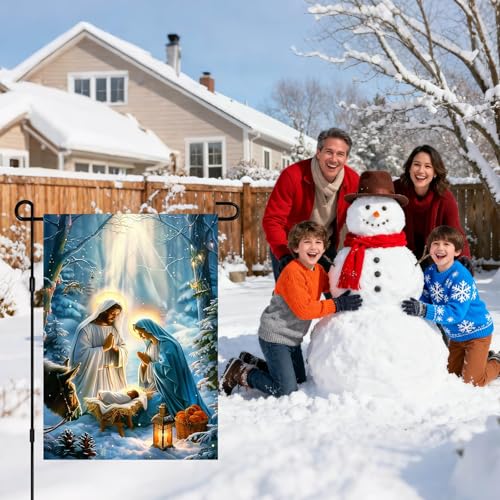 IVN Merry Christmas Nativity Scene Garden Flag 12x18 Inch Double Sided - color: Forest Nativity Scene