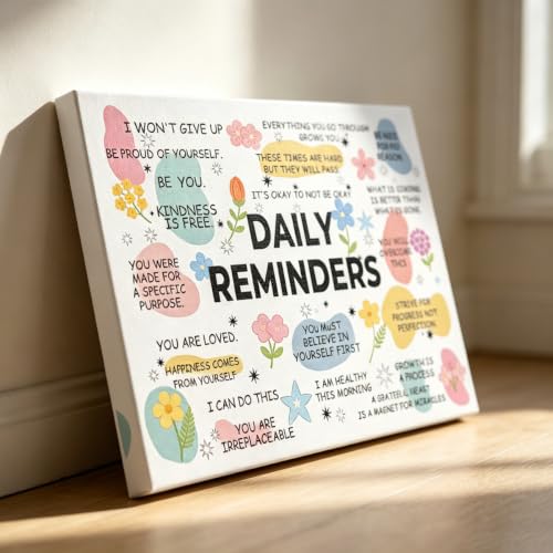 BAEMEFLE Daily Reminders Positive Affirmation Framed Canvas Wall Art, Uplifting Mental Health Motivational Quote Print, Encouragement Decor Gifts for Women, Home Office Classroom Dorm Bedroom Wall Decor 12x16 Inch (Daily Reminders, 16"L x 12"W, Framed) -
