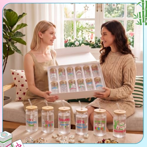 Teenyyou 12 Set of Mahjong Glass Cup with Bamboo Lid and Glass Straw 16oz Mahjong Glasses Jar Summer Drinking Cups Beer Iced Coffee Cup Tumbler Mugs for Women Men Birthday Party or Game Night Gifts - style: Mahjong