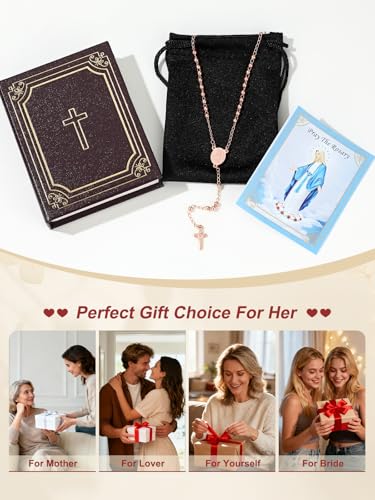 Supcare Rosary for Men Women Catholic Necklace Rosary Beads Customized - color: C03-Mini Virgin Mary Rose Gold with Case