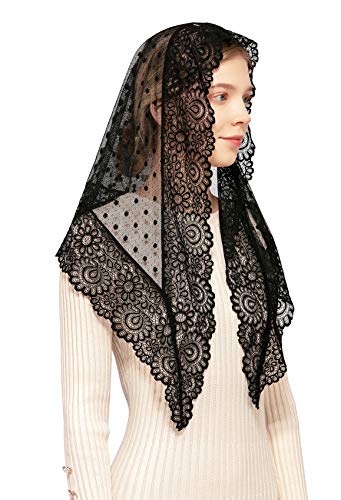 Wgior Triangle Vintage Inspired Lace Chapel Veils Catholic Mass Head Covering Scarf Mantilla Veils for Church - color: Black