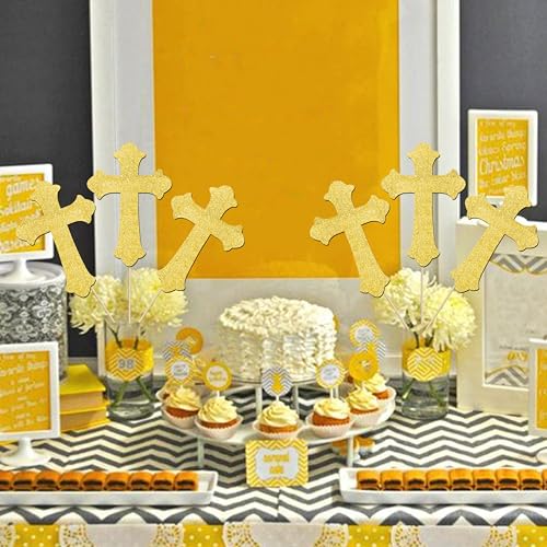 12Pcs Gold Glitter Cross Centerpiece Sticks LUCKYQUBE Double Sided Cross God Bless Centerpieces for Table First Communion Baptism Decorations for God Bless Theme Party Supplies