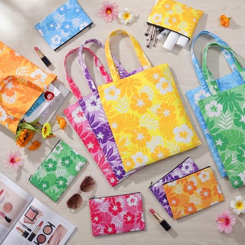 Patelai 6 Sets Hibiscus Canvas Tote Bags with Makeup Bags Women Gifts Set - style: Hibiscus Flower and Palm Leaves