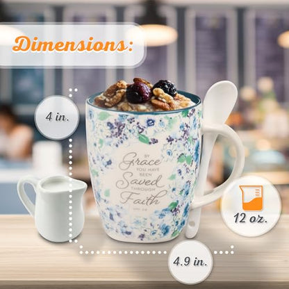 Christian Art Gifts Coffee and Tea Mug with Ceramic Spoon Set for Women - color: Grace/Navy Blue