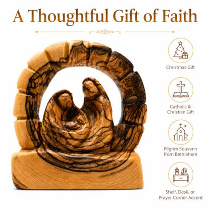 Zuluf Olive Wood Bethlehem Grotto Nativity Statue 3.7 Inch, Hand-Carved Cave of the Nativity Sculpture with Mary Joseph and Baby Jesus, Catholic Manger Scene Christmas Pilgrim Souvenir Gift - color: 3.7" Arch Nativity