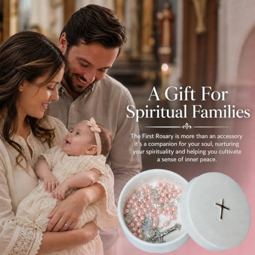 Baptism Gifts for Girls – Pink Rosary with Ceramic Keepsake Box and Card, Christening Gift - color: Pink