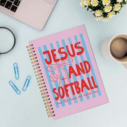 VNWEK Jesus and Softball Christian Spiral Notebook Journal 5.5x8.3 Inch, Softball Mom Player Coach Gifts Journal, Coquette Pink Bow Religious Lined Hardcover Spiral Notebook - color: 51-XZ-bible-notebook