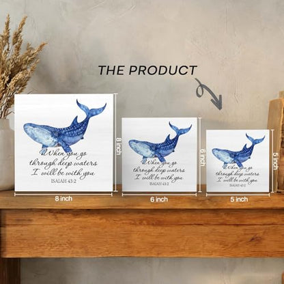Christian Coastal Whale Wooden Box Signs Desk Decor, Christian Beach Home Decor, Bible Verse Religious Wooden Signs Desk Decorations for Home Bedroom Office Tabletop Shelf Wall, 5x5in