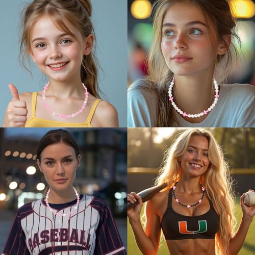Baseball Bead Cross Necklace for Boys Kids, Elastic Rhinestone Bling Necklace Drip Gifts for Teens Players - color: Pink Cross/Pink/White