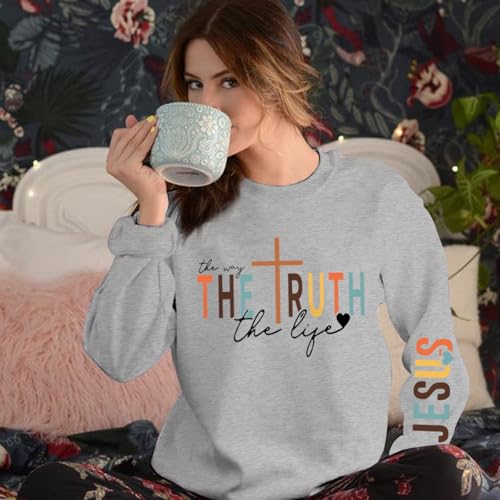 Tuislay Christian Sweatshirt Womens Jesus God Pullover Bible Verse Crewneck Sweatshirts Religious Cross Graphic Shirts - color: Light Gray, size: Large