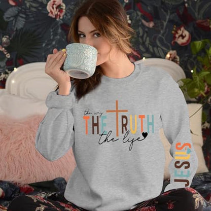 Tuislay Christian Sweatshirt Womens Jesus God Pullover Bible Verse Crewneck Sweatshirts Religious Cross Graphic Shirts - color: Light Gray, size: X-Large