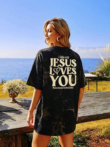 Christian Shirts for Women Oversized Faith Jesus Shirt Inspirational Tops - color: Tie-dyed Grey, size: Large