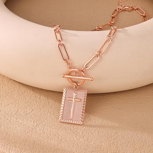 Robaice 14K Gold Plated Toggle Cross Necklace for Women - color: A Rose Gold Cross Necklace