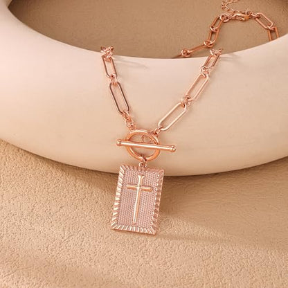 Robaice 14K Gold Plated Toggle Cross Necklace for Women - color: A Rose Gold Cross Necklace