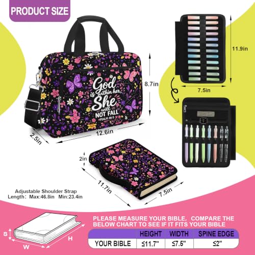 Bible Cover Case for Women with Shoulder Strap & Handle Zipper Pocket, Large Bible Bag with Study Supplies Journaling Kit Book Carrying Case, Pens Highlighters Cross Clips Tabs, Butterfly - color: Purple Butterfly