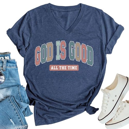 Christian Shirts for Women God is Good Tshirts Religious Faith Graphic T-Shirts Jesus Bible Verse V Neck Tees Tops - color: Navy Blue, size: X-Large