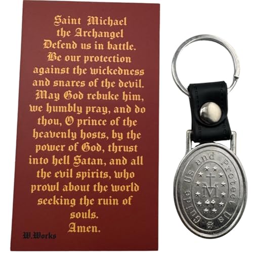 Westmon Works St Michael Keychain Pack Metal and Leather Key Ring with Holy Prayer Card