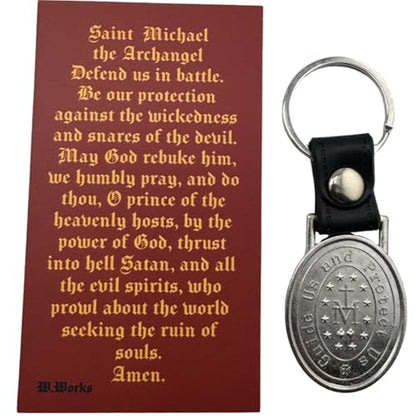 Westmon Works St Michael Keychain Pack Metal and Leather Key Ring with Holy Prayer Card