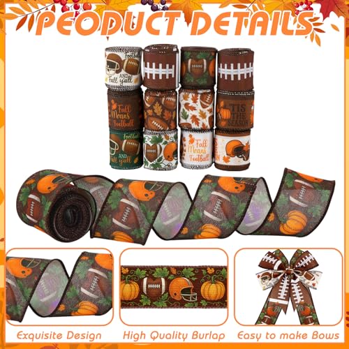 12 Rolls Fall Football Wired Edge Ribbon for Wreaths 2 Inch x 60 Yards Maple Leaves Pumpkin Football Print Ribbon Crafts for Thanksgiving Harvest Party Decorative Supplies, 12 Styles - style: Fall Football
