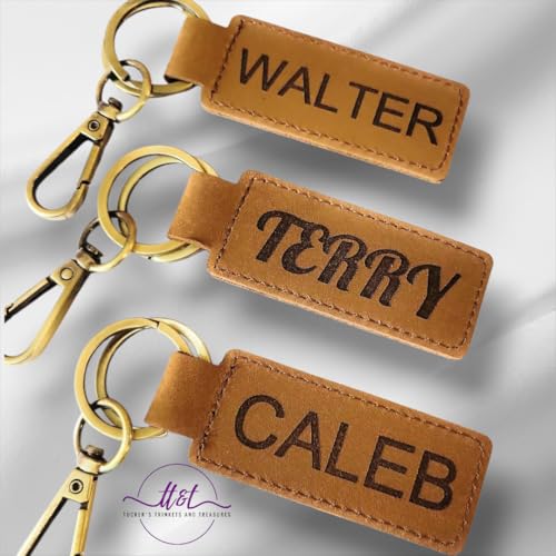 Custom Text Leather Keychain, Bronze Key Ring and Clip